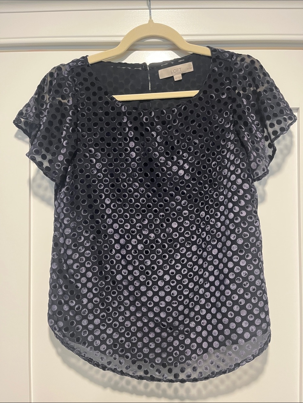 LOFT Black Velvet Polka Dot Short Sleeve Blouse